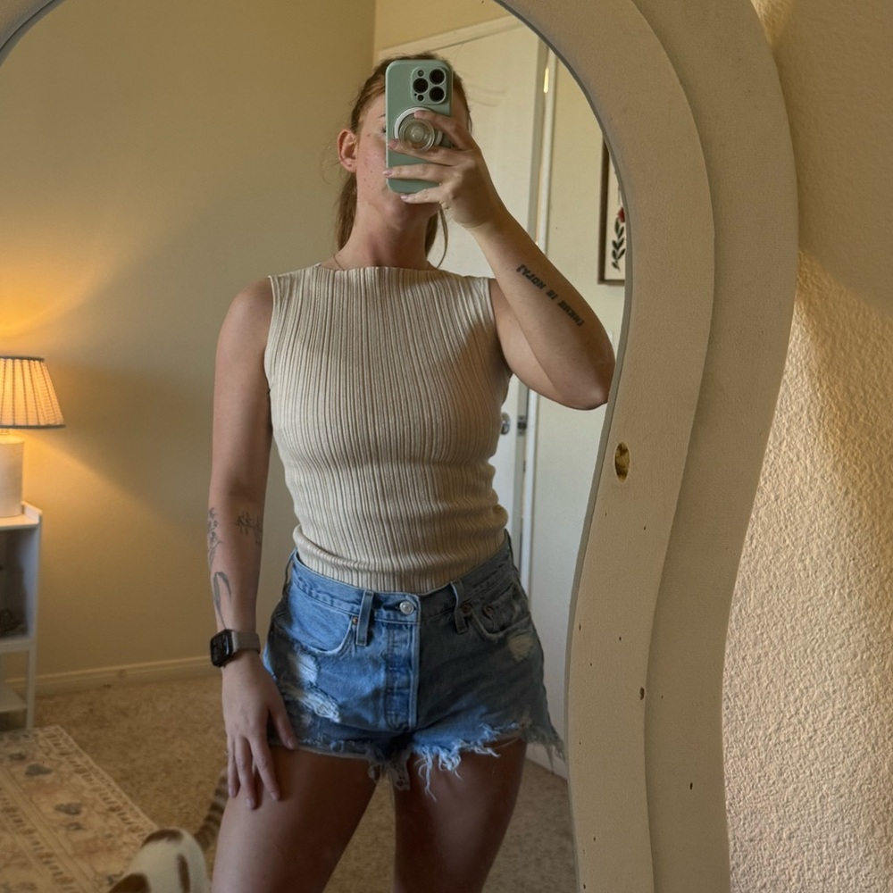 Quince Ribbed Knit Crewneck Tank in Beige-Cream